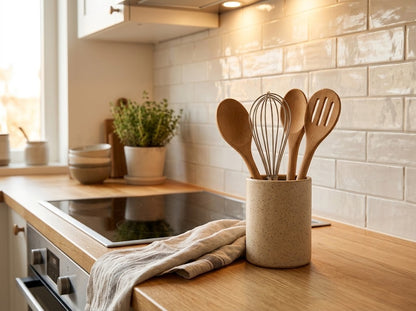 Natural Wooden Kitchen Utensil Set with Ceramic Holder | Cooking Spoons & Whisk