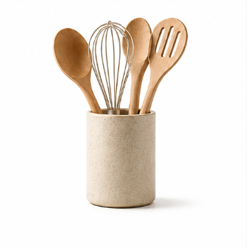 Natural Wooden Kitchen Utensil Set with Ceramic Holder | Cooking Spoons & Whisk